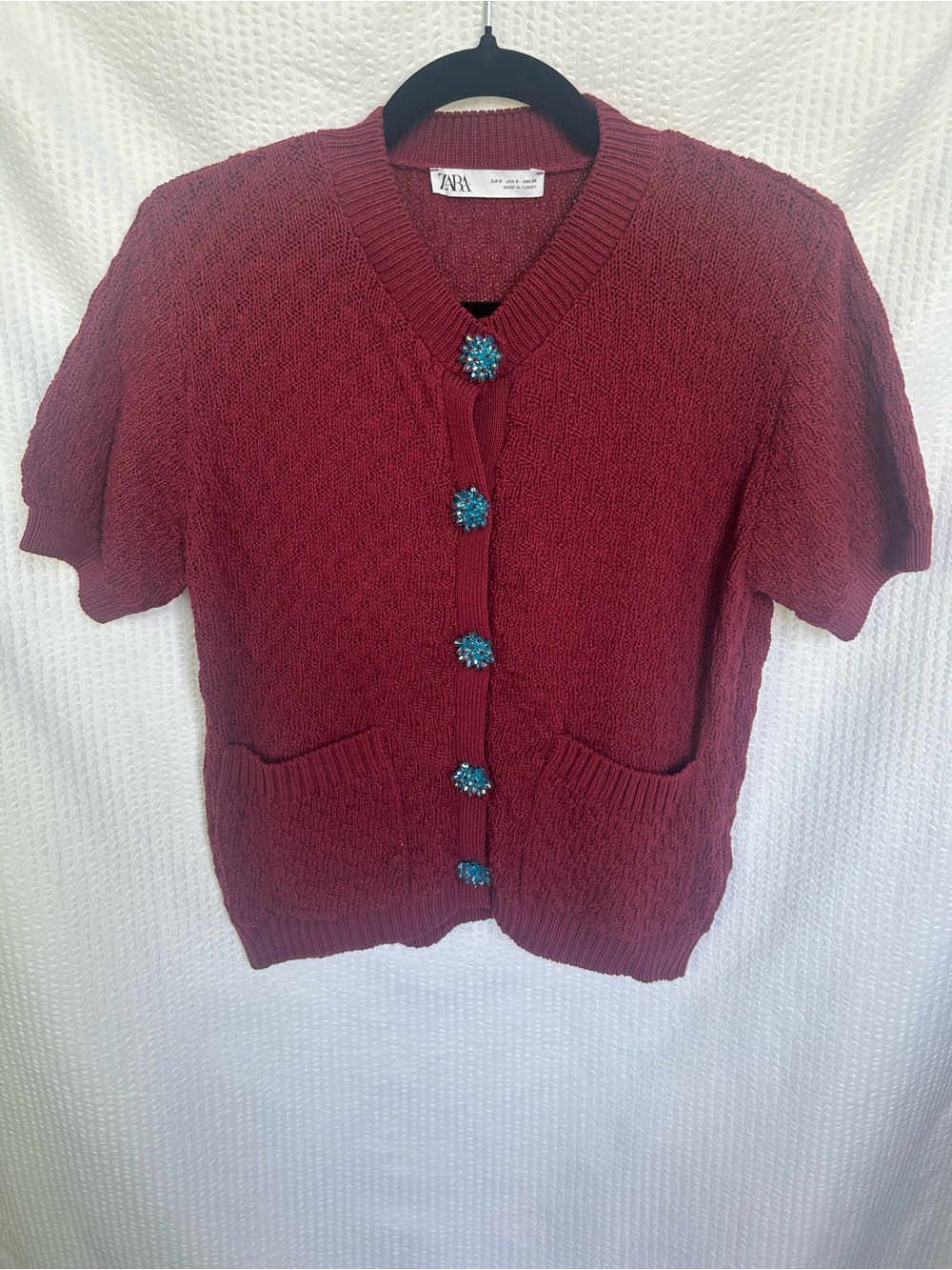 Zara Textured Knit Burgundy Short-Sleeve Cardigan with Jewel Buttons Size Small